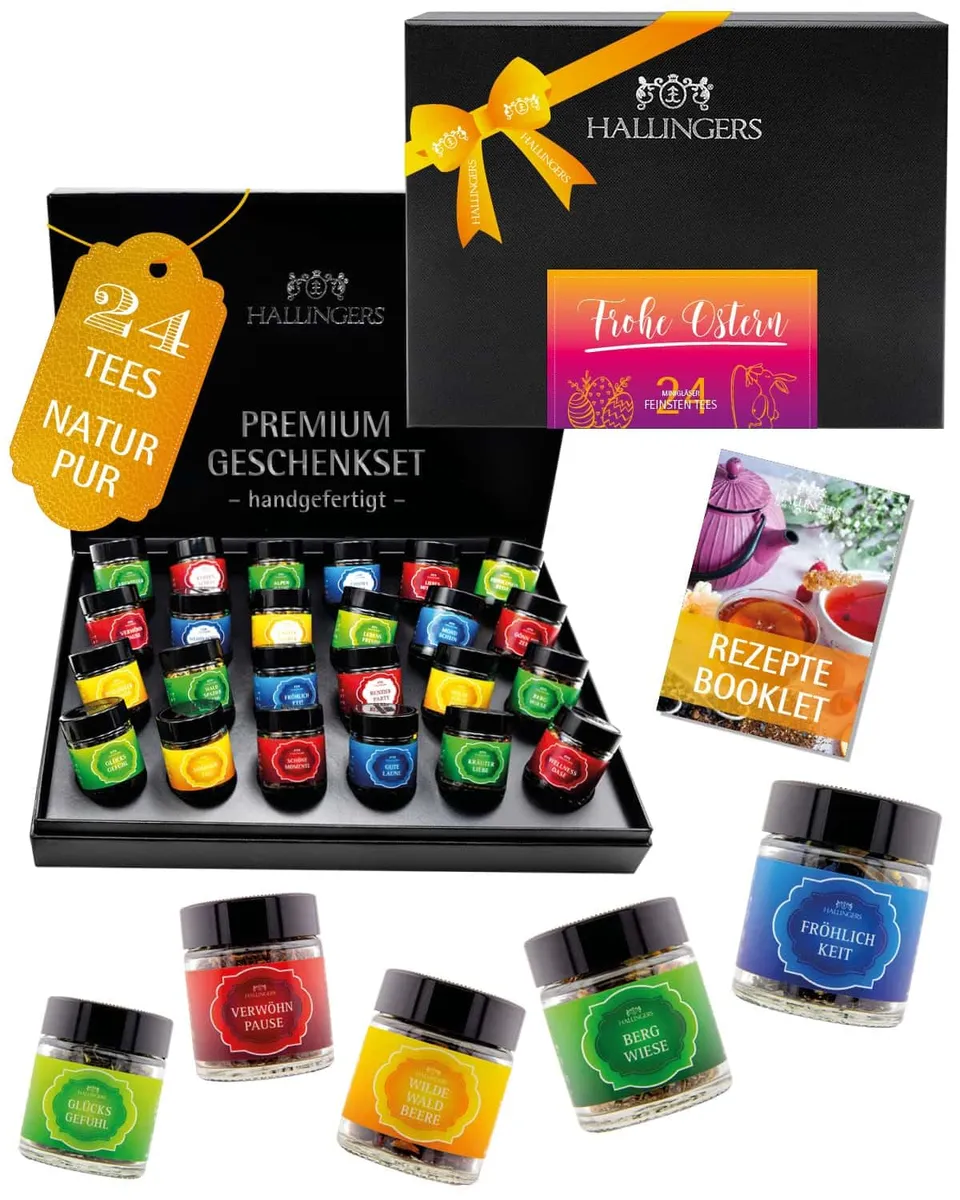 hallingers-tee-frohe-ostern-geschenk-set-24-sorten-225g image 1