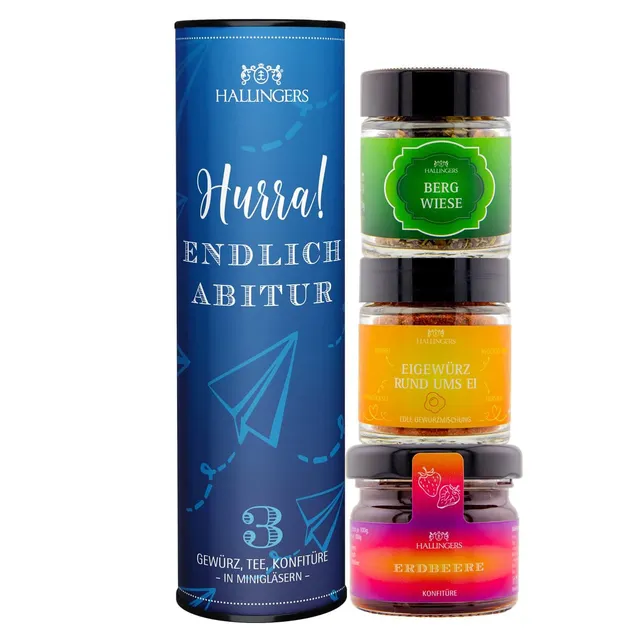hallingers-geschenkesets-hurra-endlich-abitur-feinkost-set-3er-vegan image 1