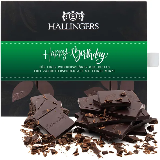 hallingers-schokolade-happy-birthday-green-tafel-minze-vegan-90g image 1