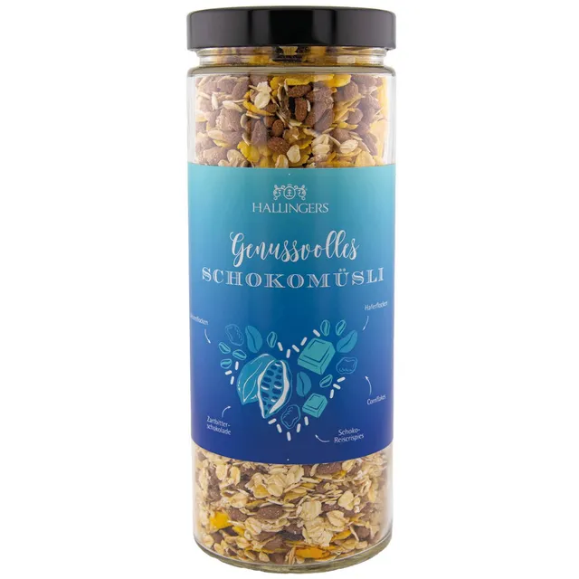 hallinger-schoko-gourmet-m-sli-im-glas-zartbitter-400g image 1