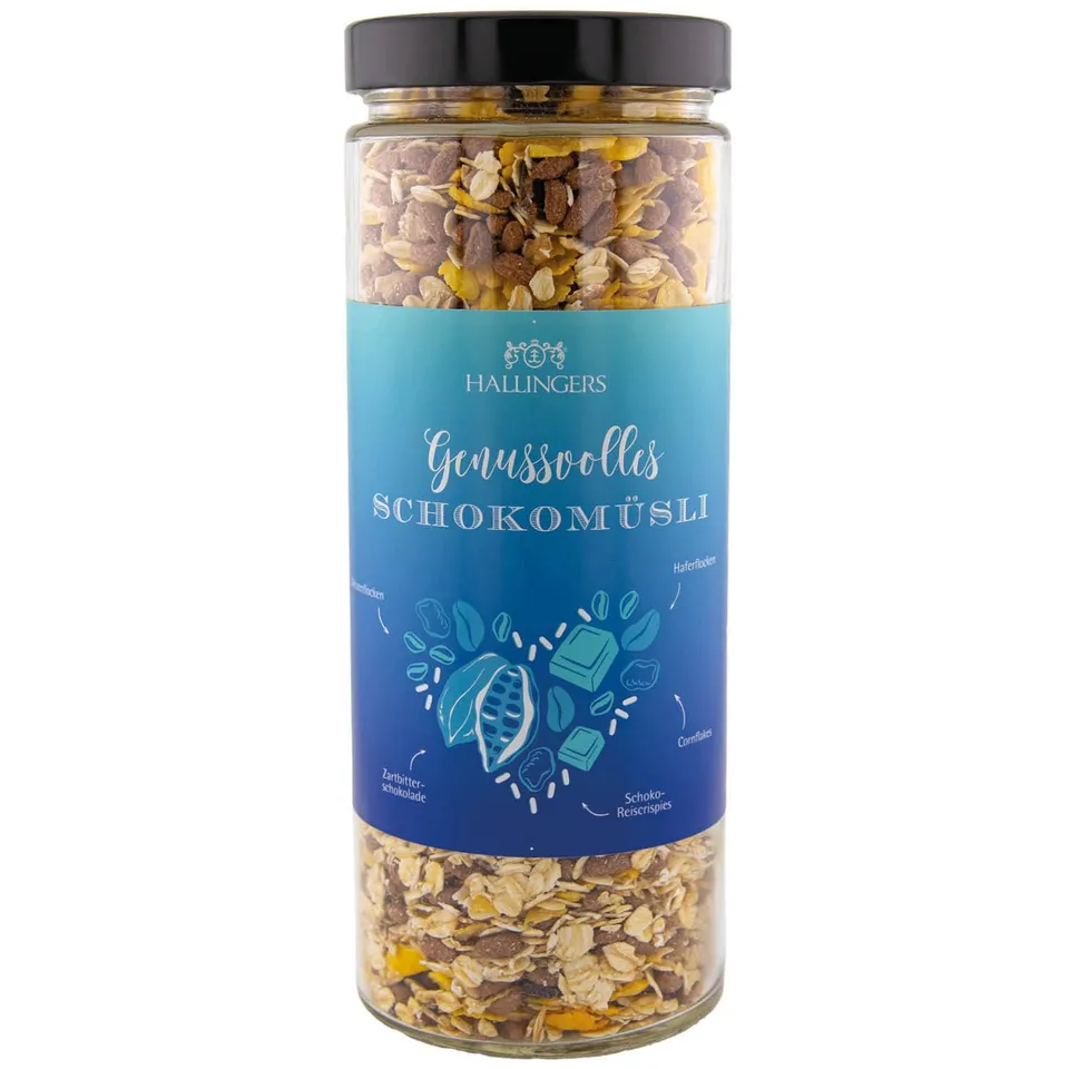 hallinger-schoko-gourmet-m-sli-im-glas-zartbitter-400g image 1