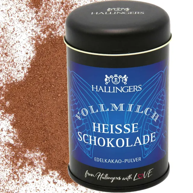 hallingers-vollmilch-trinkschokolade-pulver-edelvollmilch-geschenkdose image 1