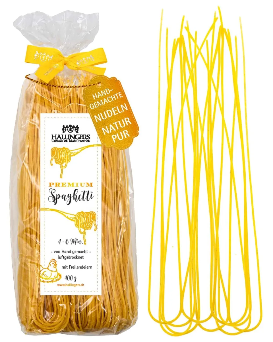 hallingers-kochen-premium-spaghetti-pasta-geschenk-400g-freilandei image 1