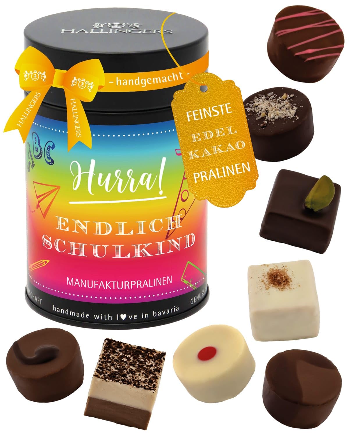 hallingers-pralinen-hurra-endlich-schulkind-dose-150g-ohne-alkohol image 1