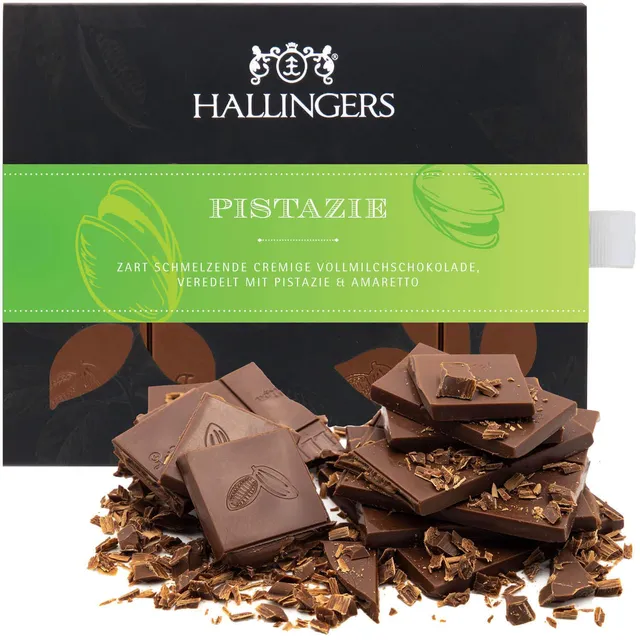 hallingers-pistazie-vollmilch-schokolade-90g-pistazie-amaretto image 1