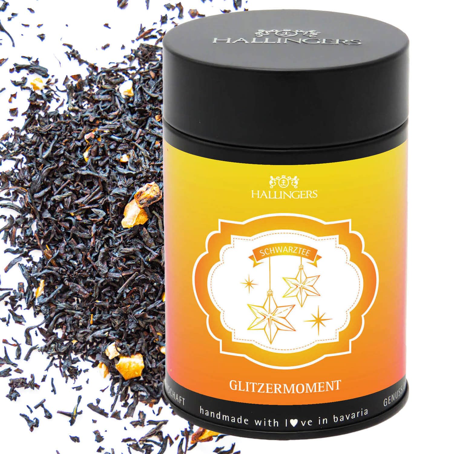 hallingers-glitzermoment-schwarztee-orange-apfel-dose-85g image 1