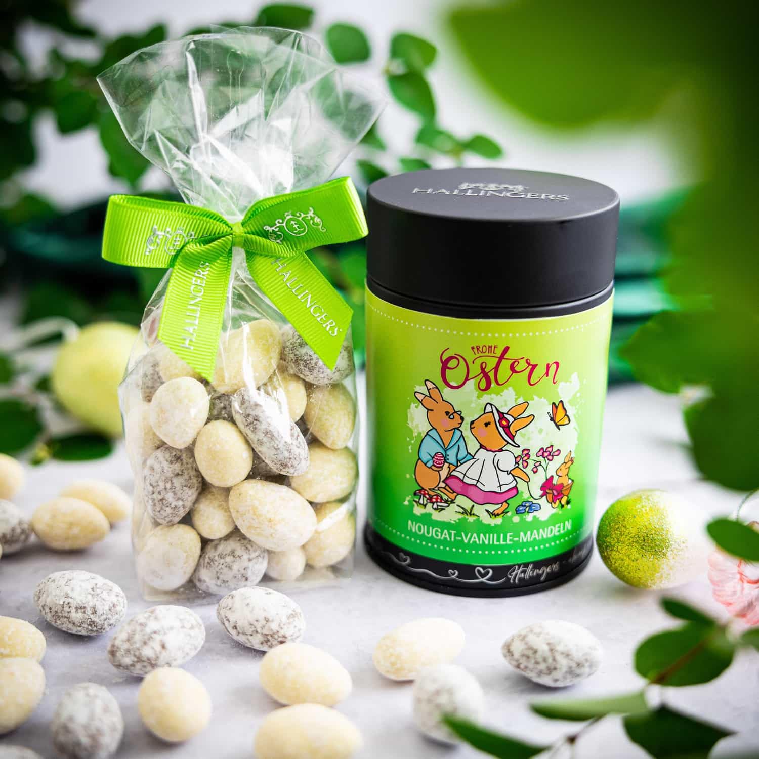 hallingers-schokolade-nougat-mandeln-hasenfamilie-dose-150g-ohne-alkohol image 2