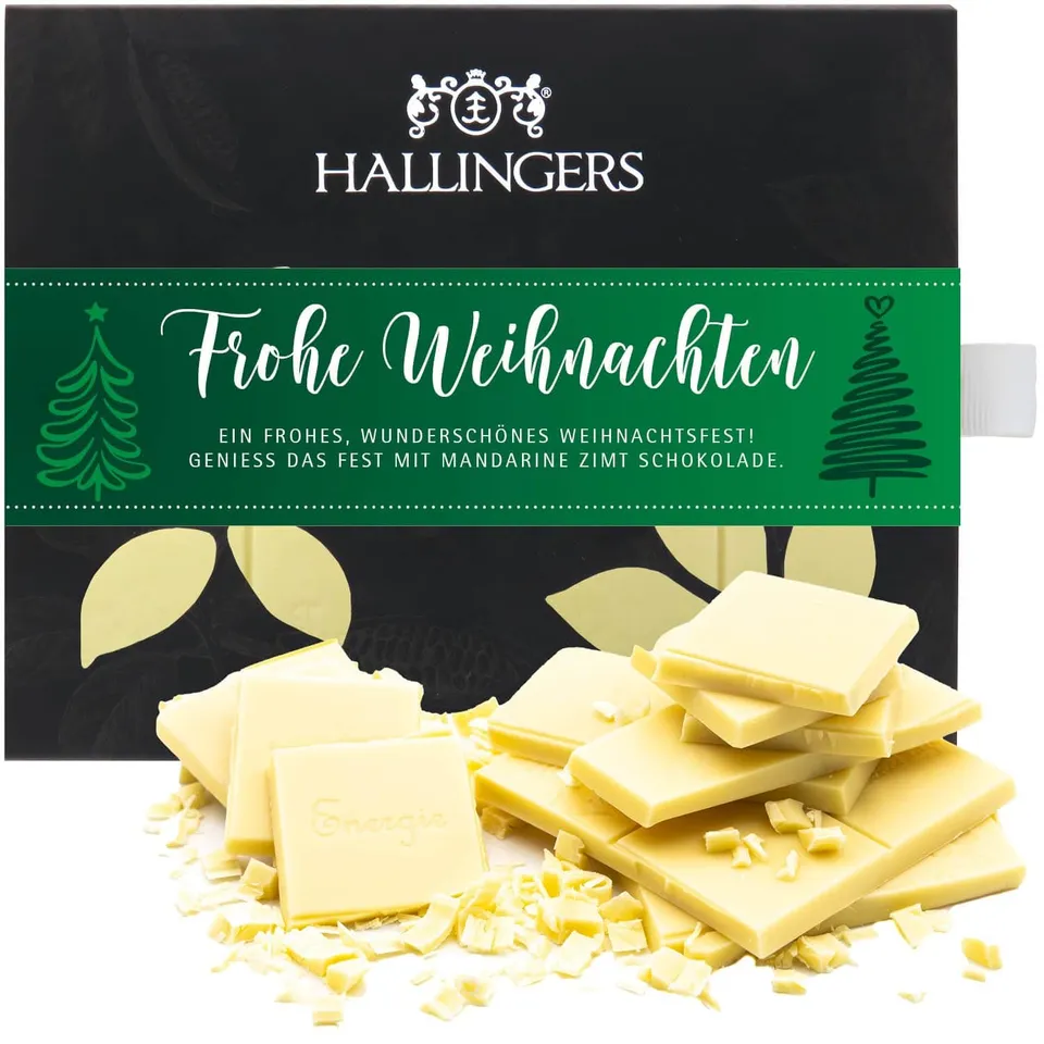 hallingers-frohe-weihnachten-wei-e-schokolade-mandarine-zimt-90g image 1