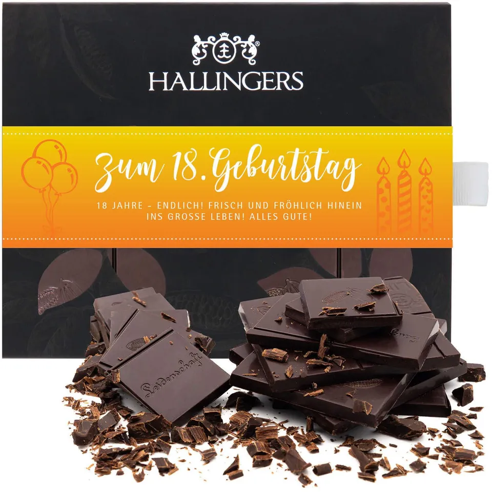 hallingers-schokolade-zum-18-geburtstag-pur-85-vegan-90g image 1
