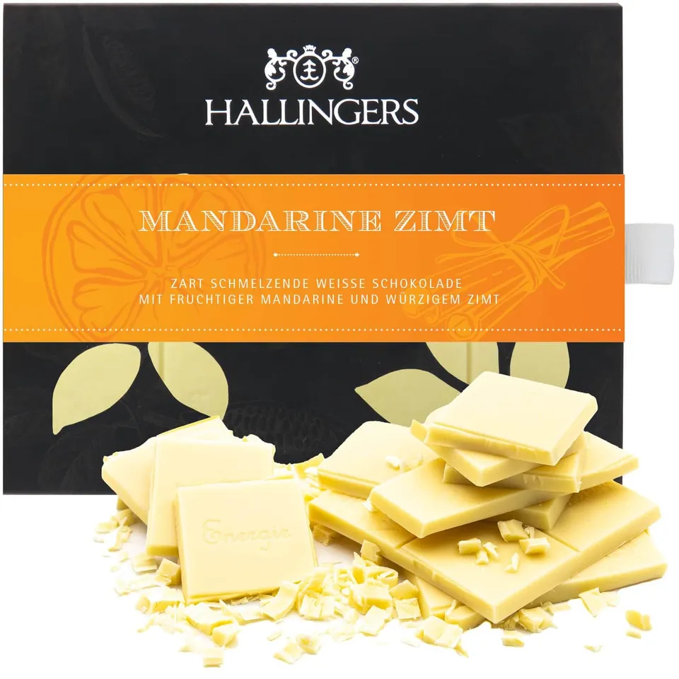 hallingers-schokolade-mandarine-zimt-wei-e-tafel-90g-karton image 1