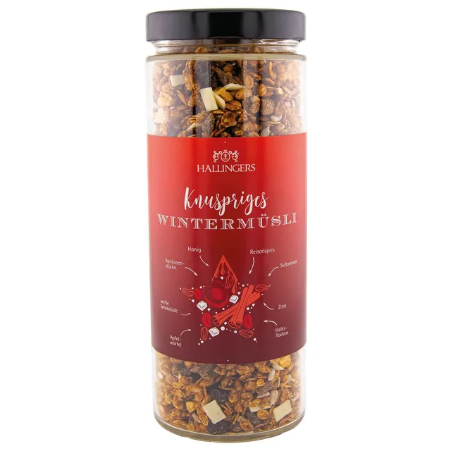 hallingers-m-sli-knuspriges-winter-m-sli-zimt-schoko-glas-500g image 1