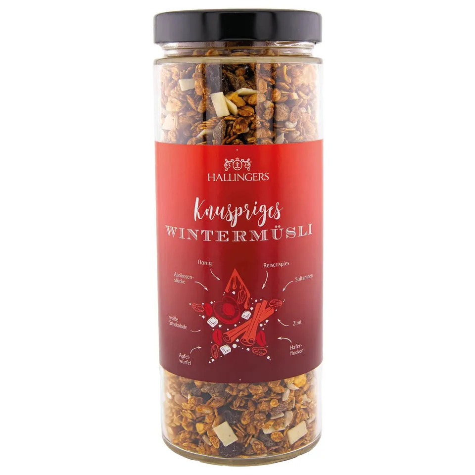 hallingers-m-sli-knuspriges-winter-m-sli-zimt-schoko-glas-500g image 1