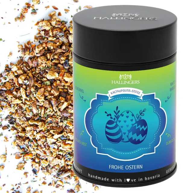 hallingers-cold-tea-frohe-ostern-eistee-pfirsich-110g-dose image 1
