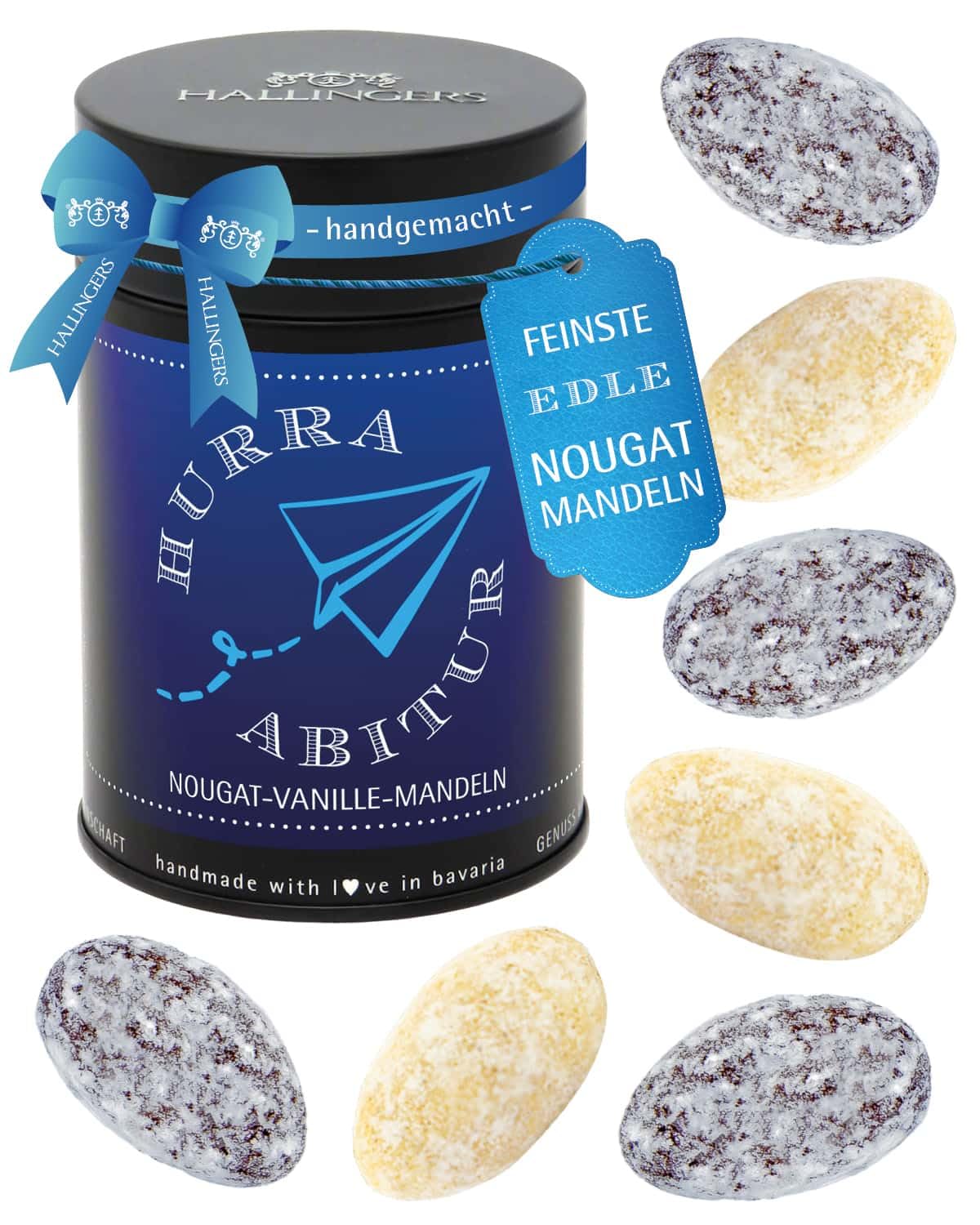 hallingers-schokolade-nougat-mandeln-hurra-abitur-geschenkdose-vanille image 1