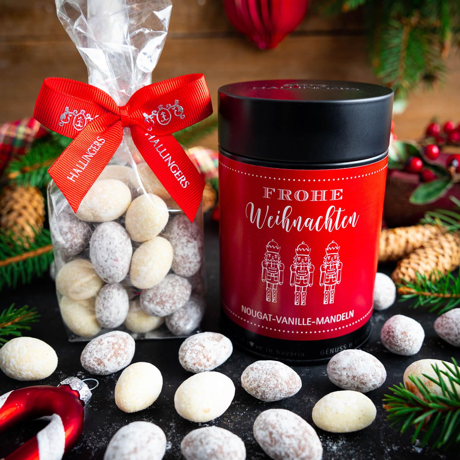 hallingers-schokolade-frohe-weihnachten-nougat-mandeln-150g-dose image 2