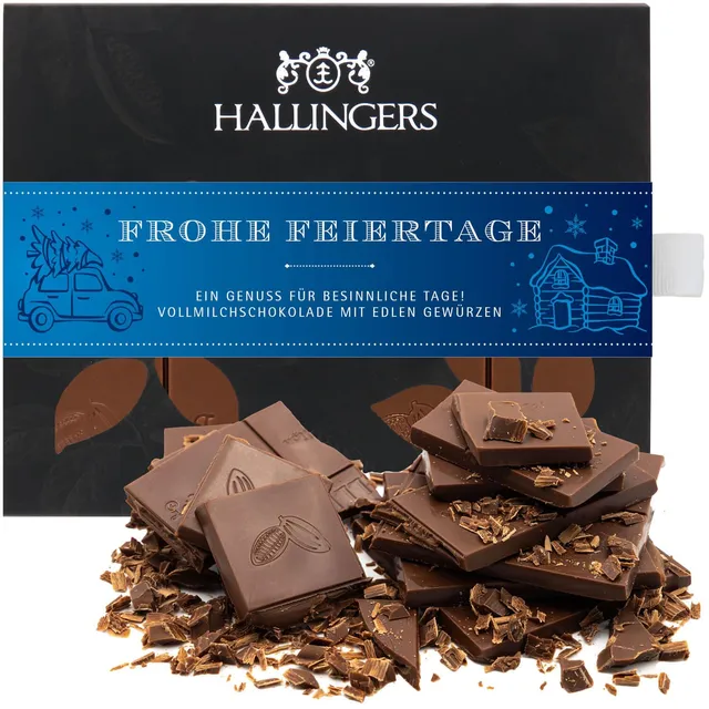 hallingers-schokolade-frohe-feiertage-xmas-gew-rze-vollmilch-90g image 1