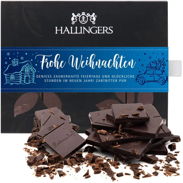 hallingers-frohe-weihnachten-zartbitter-85-vegane-tafel-90g image 1
