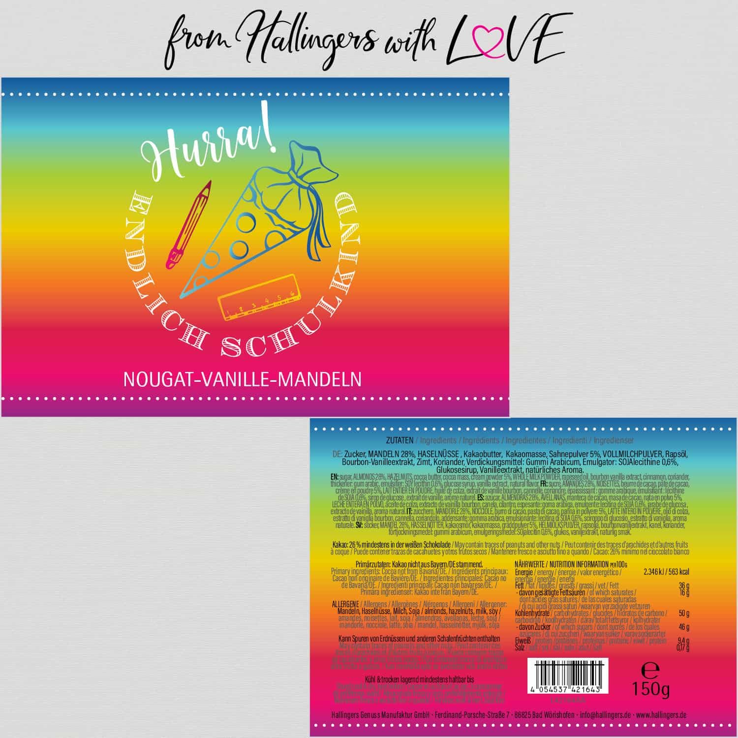 hallingers-schokolade-hurra-endlich-schulkind-nougat-mandeln-150g image 6