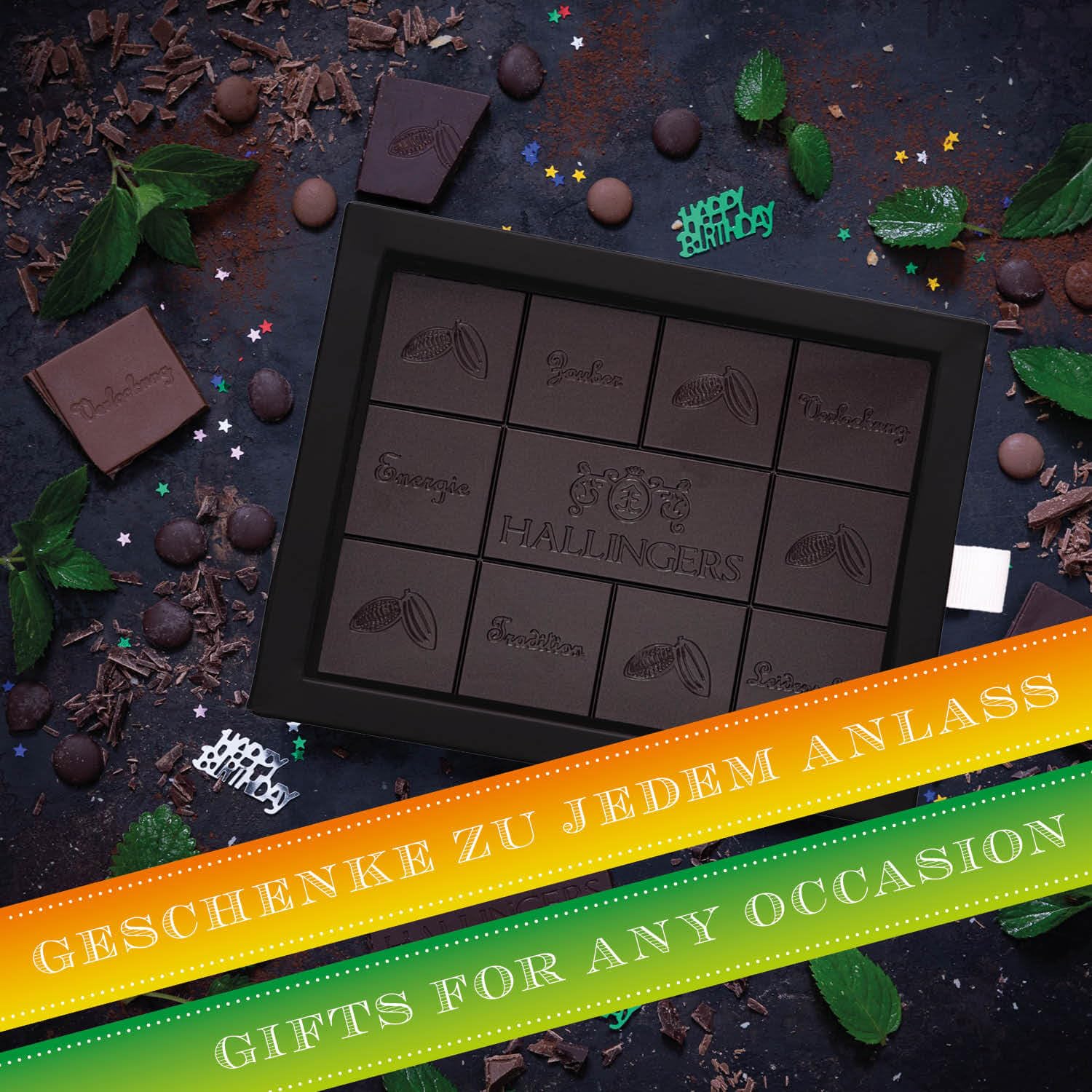 hallingers-schokolade-happy-birthday-green-tafel-minze-vegan-90g image 4