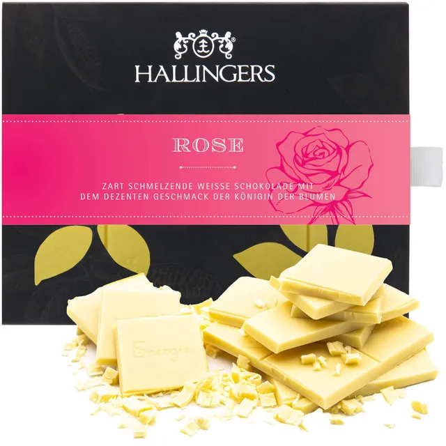 hallingers-schokolade-rose-wei-e-tafel-90g-box-geschenk image 1