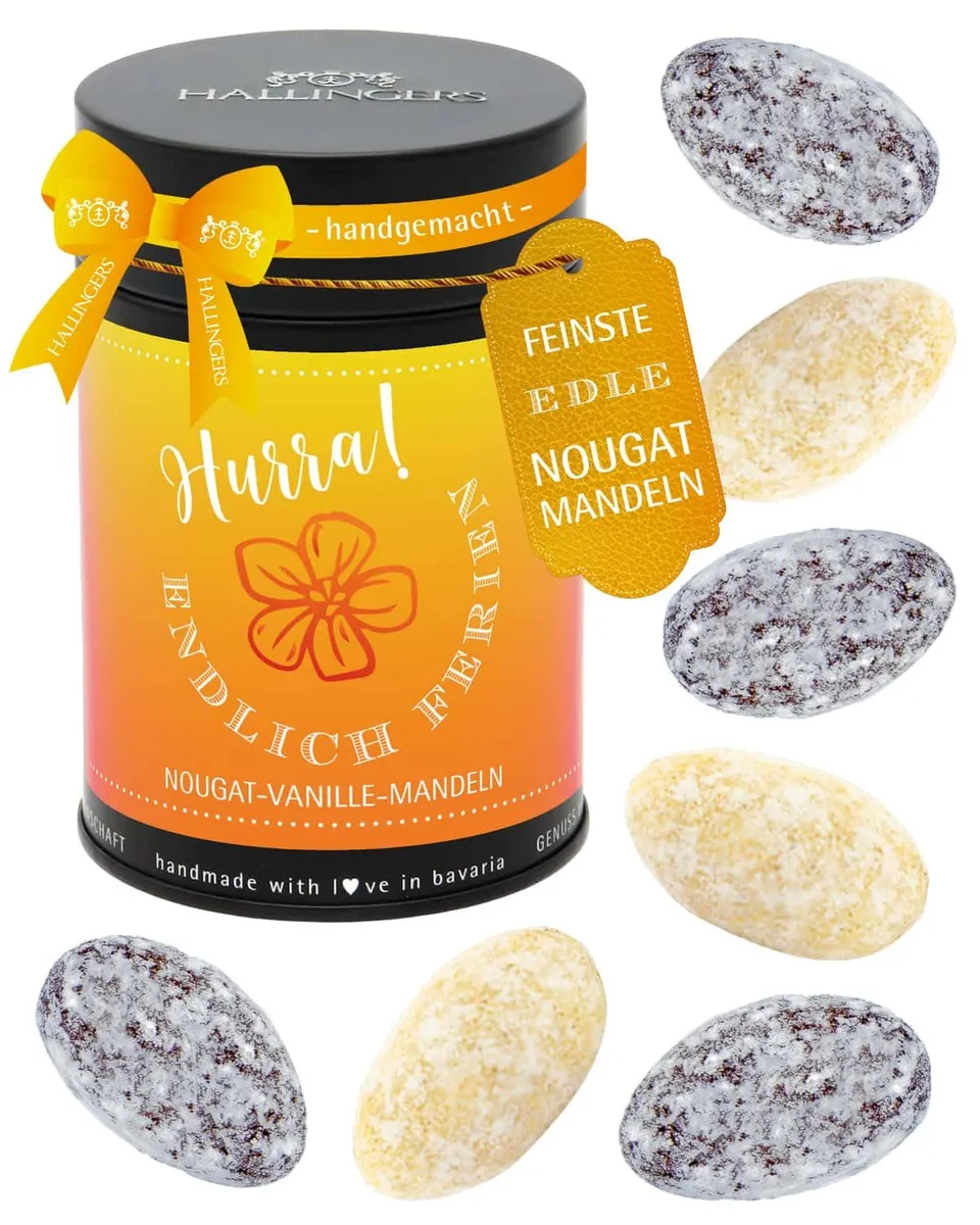 hallingers-schokolade-hurra-endlich-ferien-nougat-mandeln-150g image 1