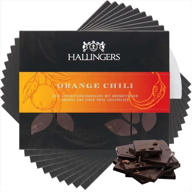 hallingers-schokolade-orange-chili-tafeln-10x-vegan-pikant image 1