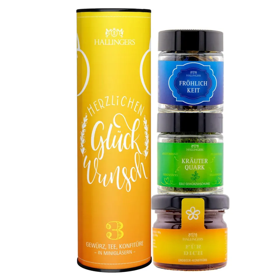 hallingers-geschenkesets-herzlichen-gl-ckwunsch-feinkost-set-3-minigl-ser image 1