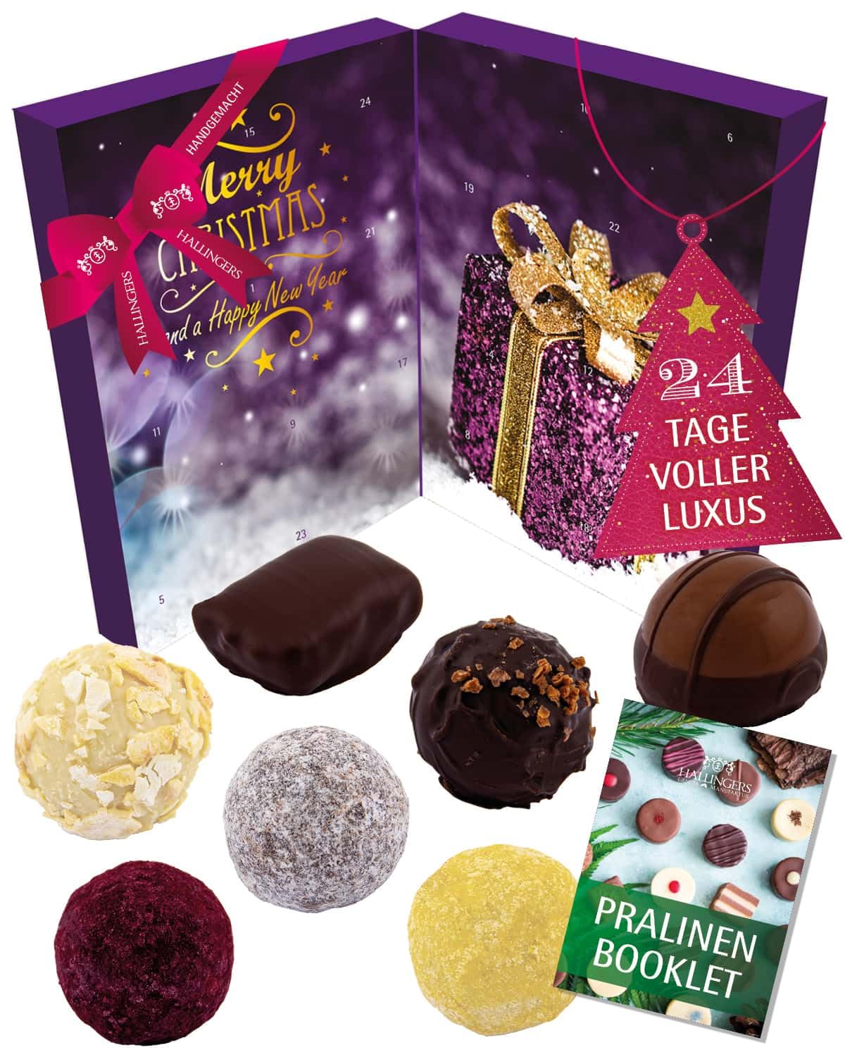 hallingers-adventskalender-frohe-weihnachten-pralinen-vegan-300-g image 1
