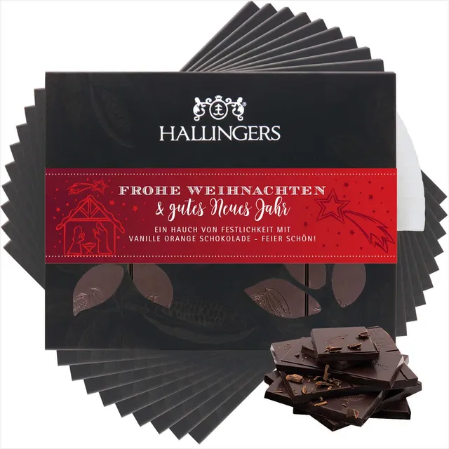 hallingers-schokolade-frohe-weihnachten-vanille-orange-10x-vegan image 1