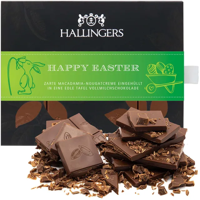 hallingers-schokolade-happy-easter-macadamia-nougat-90g-geschenk image 1