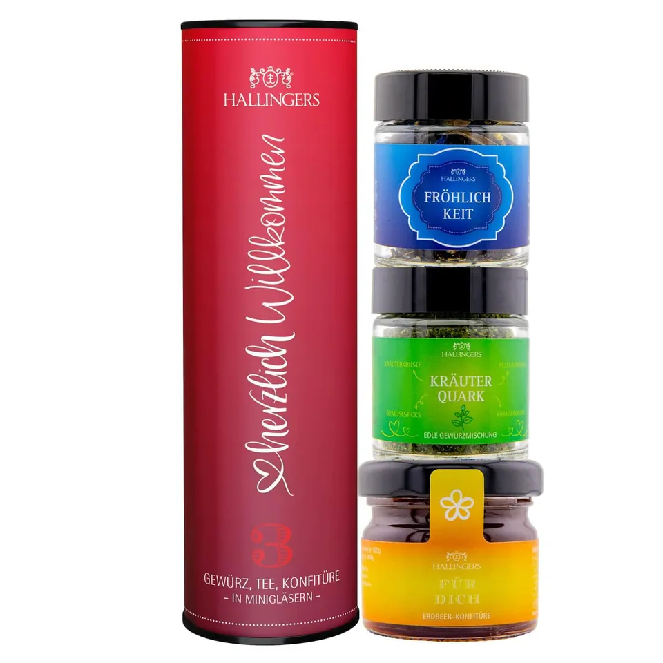 hallingers-geschenkesets-herzlich-willkommen-feinkost-set-3-minigl-ser-vegan image 1