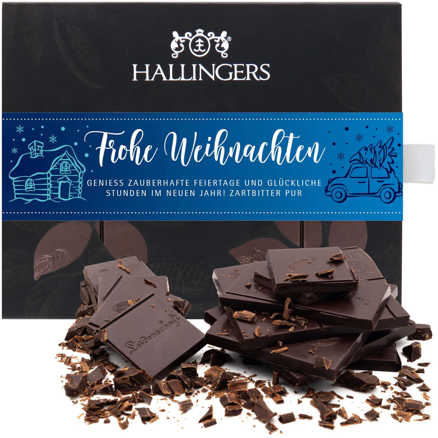 hallingers-frohe-weihnachten-zartbitter-85-vegane-tafel-90g image 1