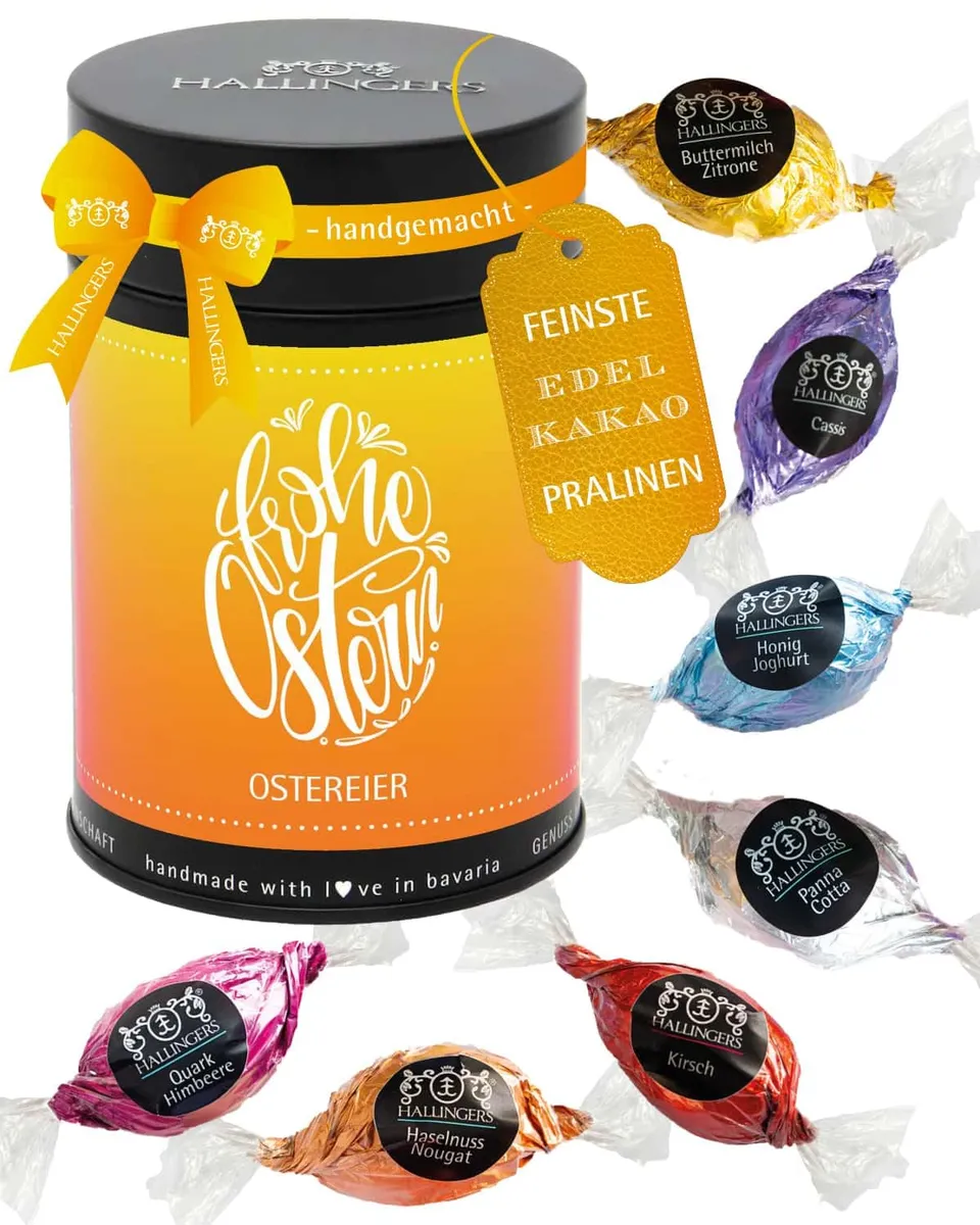 hallingers-frohe-ostern-pralinen-osterei-dose-150g image 1