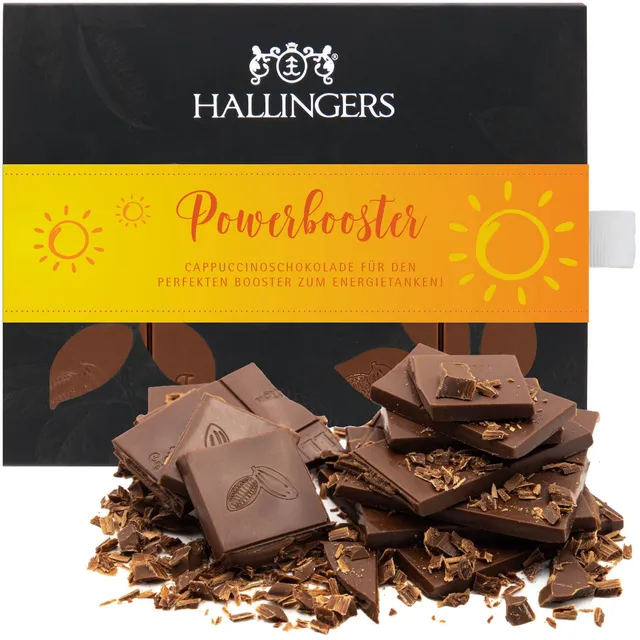 hallingers-power-booster-vollmilch-schokolade-cappuccino-90g image 1
