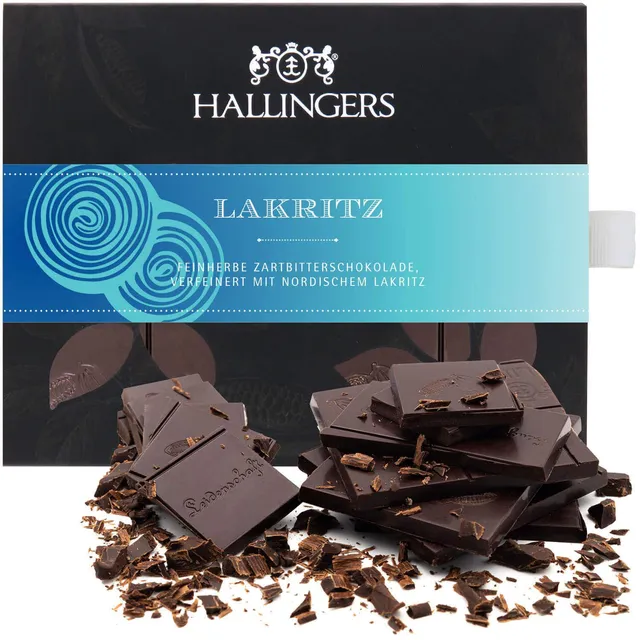 hallingers-schokolade-lakritz-tafel-vegan-zartbitter-90g image 1