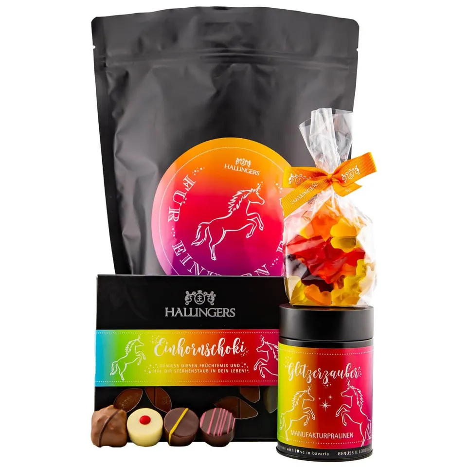 hallingers-einhorn-fans-geschenkset-wundert-te-pralinen image 1