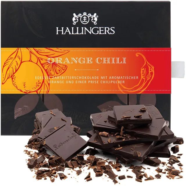 hallingers-schokolade-orange-chili-tafel-vegan-90-g-zartbitter image 1
