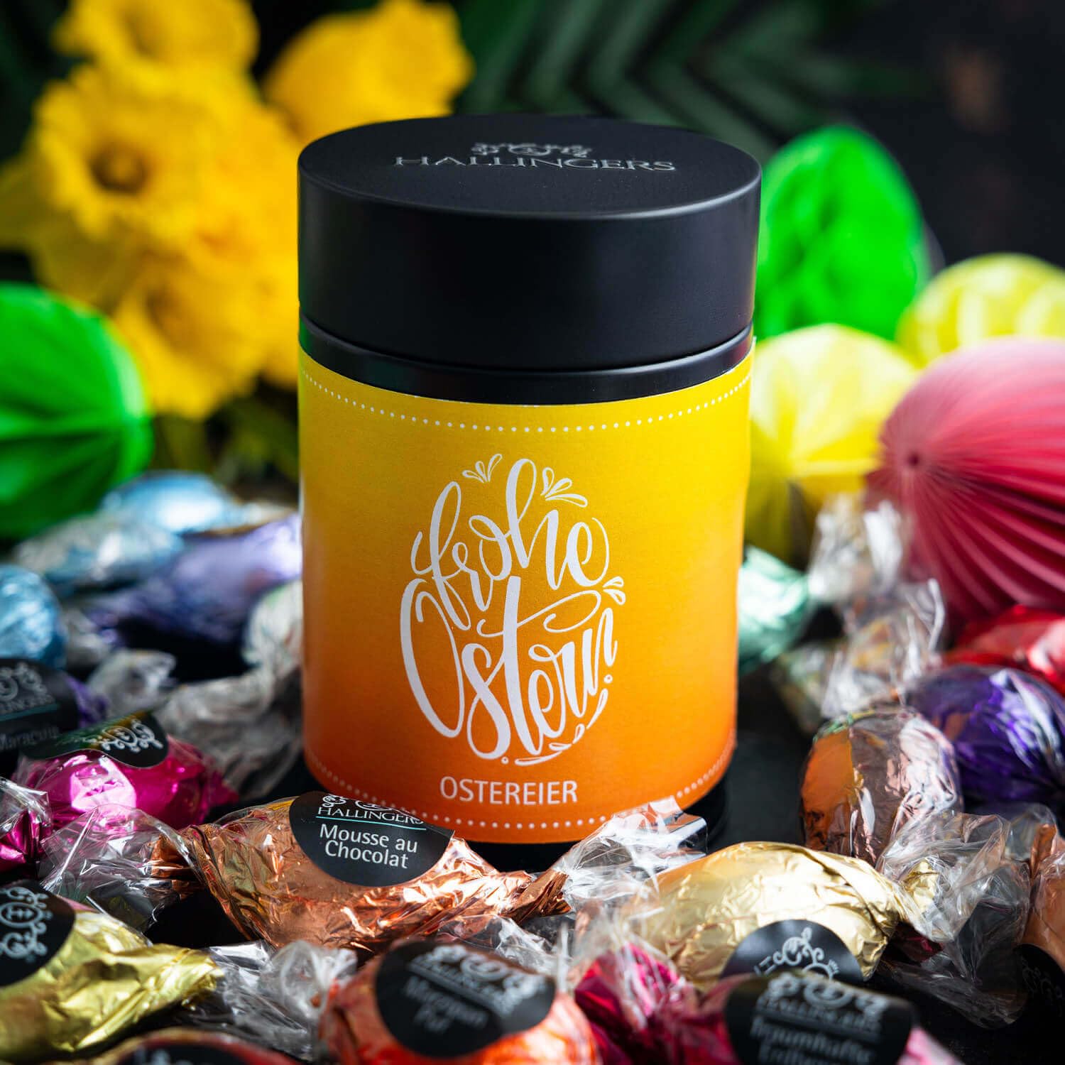 hallingers-frohe-ostern-pralinen-osterei-dose-150g image 2
