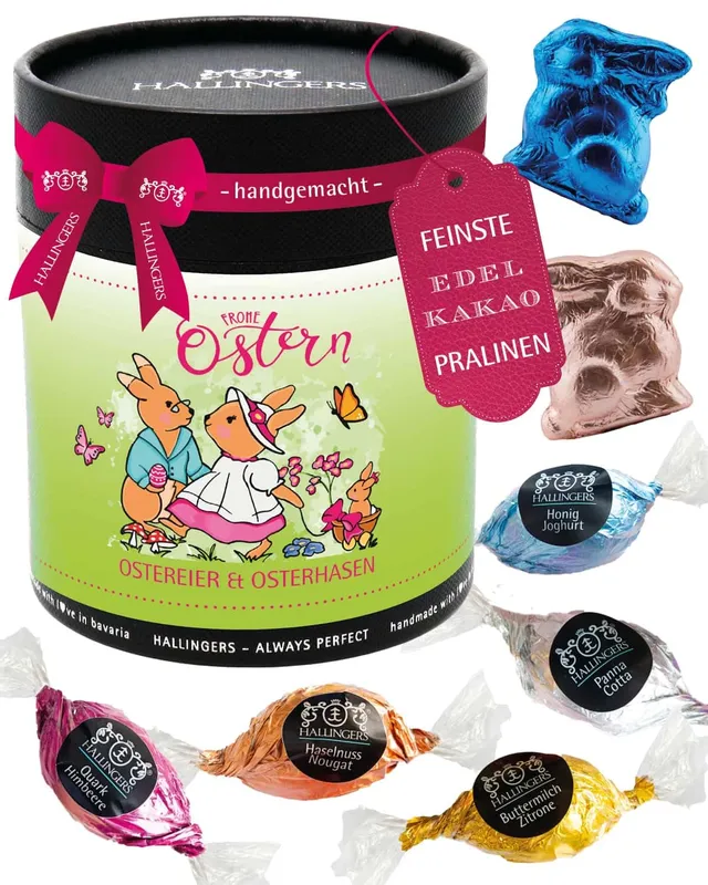 hallingers-frohe-ostern-hasenfamilie-osterei-pralinen-geschenkdose image 1