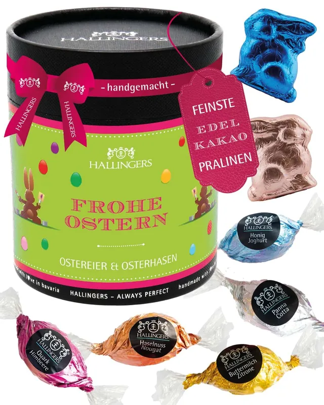 hallingers-pralinen-frohe-ostern-osterei-dose-400g-mit-hasen image 1