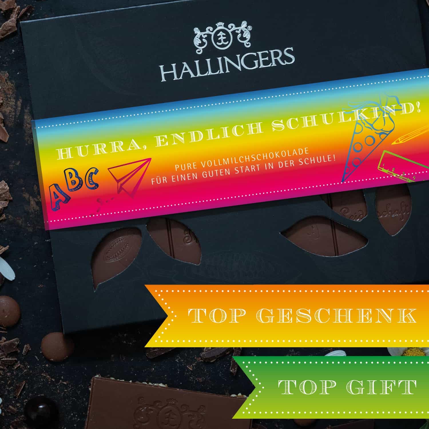 hallingers-schokolade-hurra-endlich-schulkind-tafel-90g-pur image 3