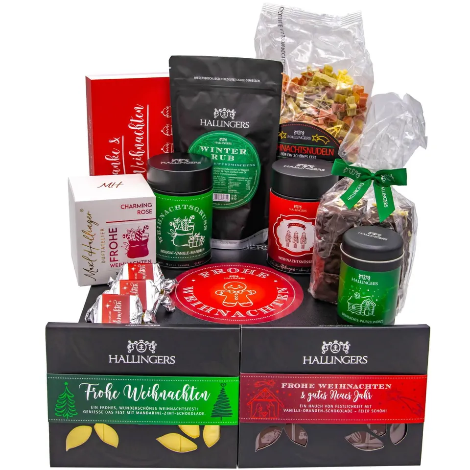 hallingers-geschenkset-frohe-weihnachten-xxl-korb-2136g-feinkost image 1