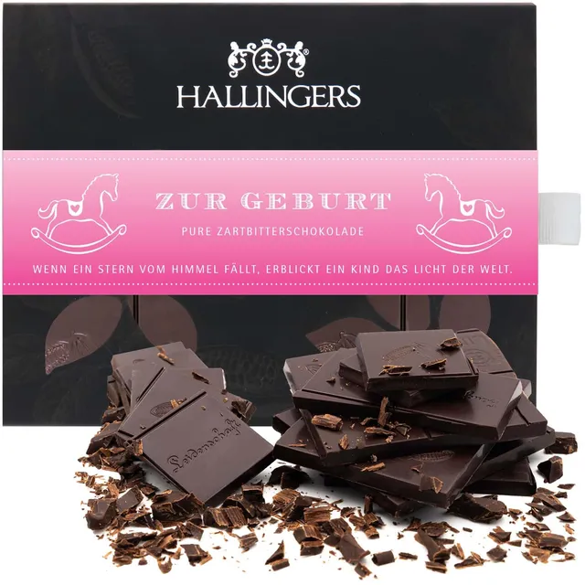 hallingers-zur-geburt-schokolade-tafel-90g-vegane-zartbitter image 1