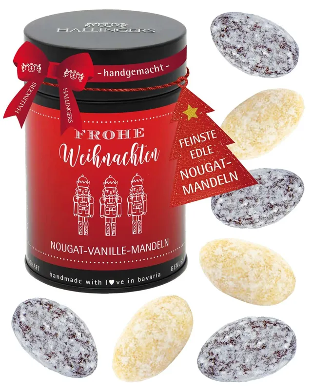 hallingers-schokolade-frohe-weihnachten-nougat-mandeln-150g-dose image 1