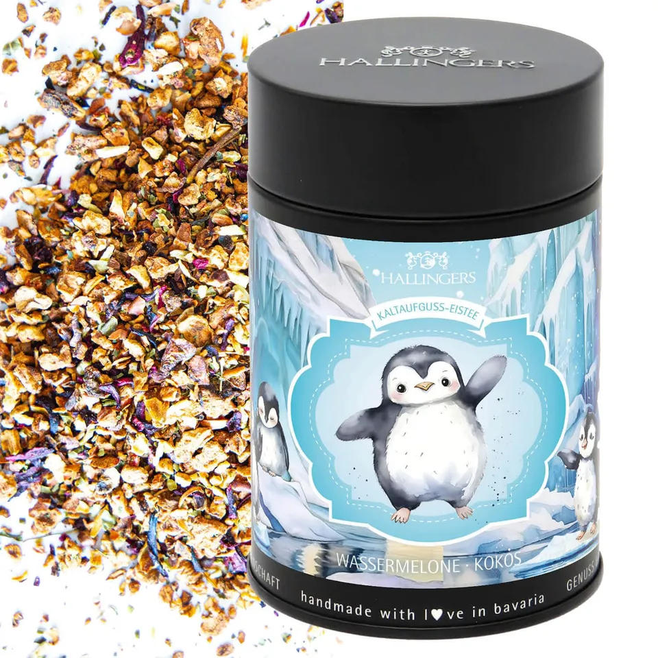 hallingers-tee-pinguin-eistee-cold-brew-dose-125g-erdbeer-kokos image 1
