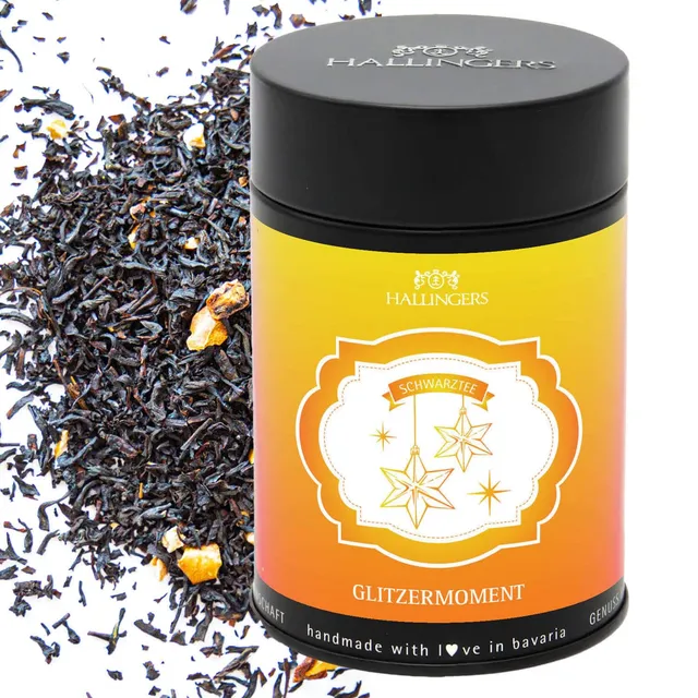 hallingers-glitzermoment-schwarztee-orange-apfel-dose-85g image 1