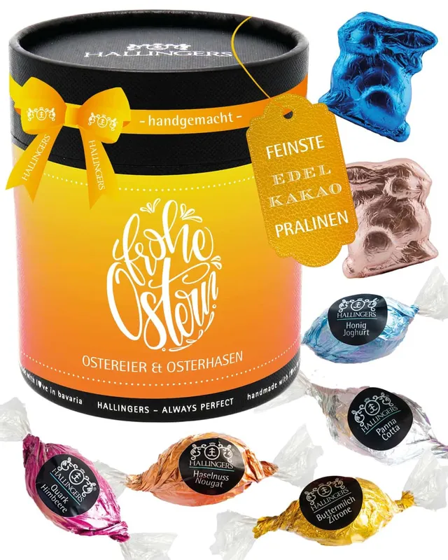 hallingers-frohe-ostern-osterei-pralinen-geschenkdose-400g image 1