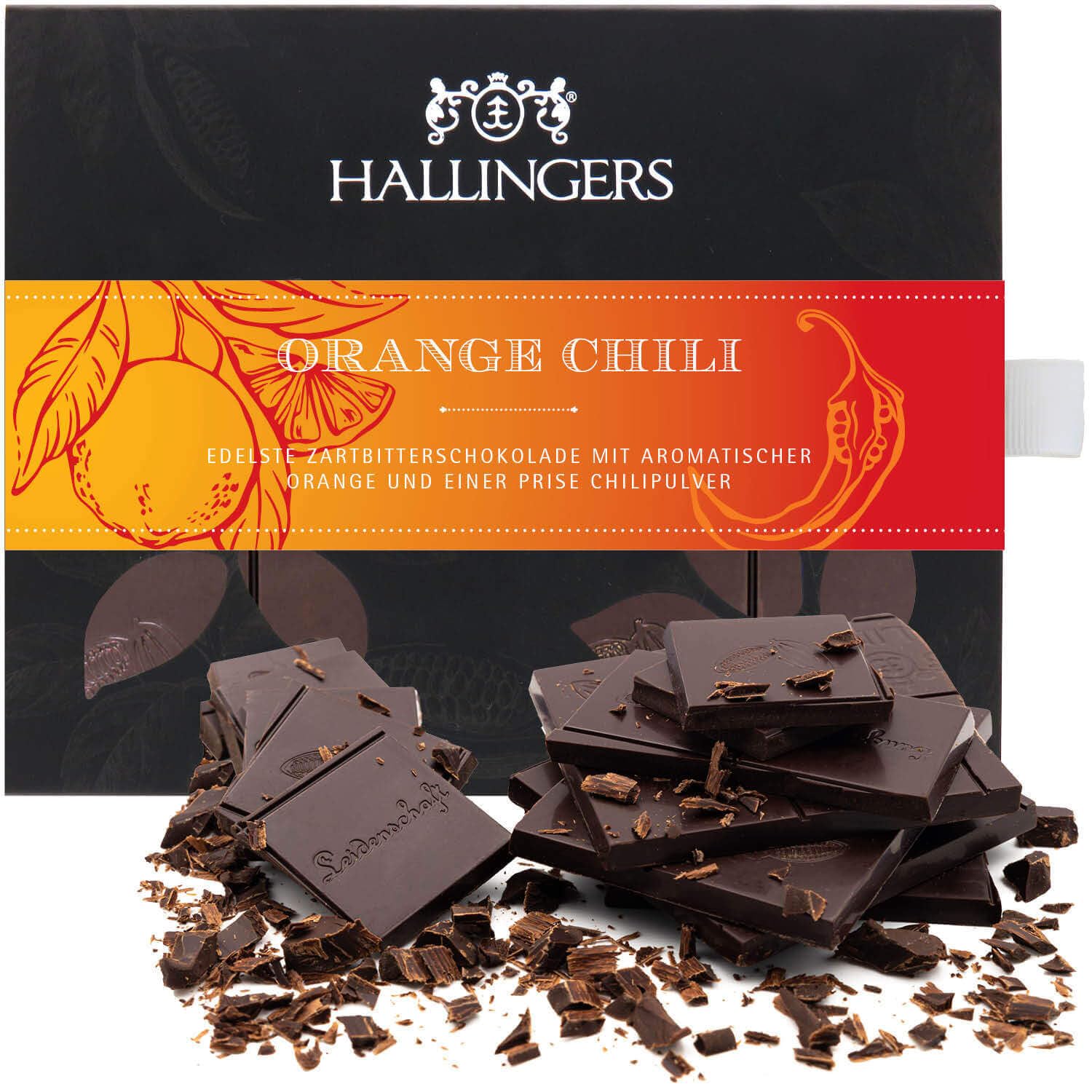 hallingers-schokolade-orange-chili-tafel-vegan-90-g-zartbitter image 1