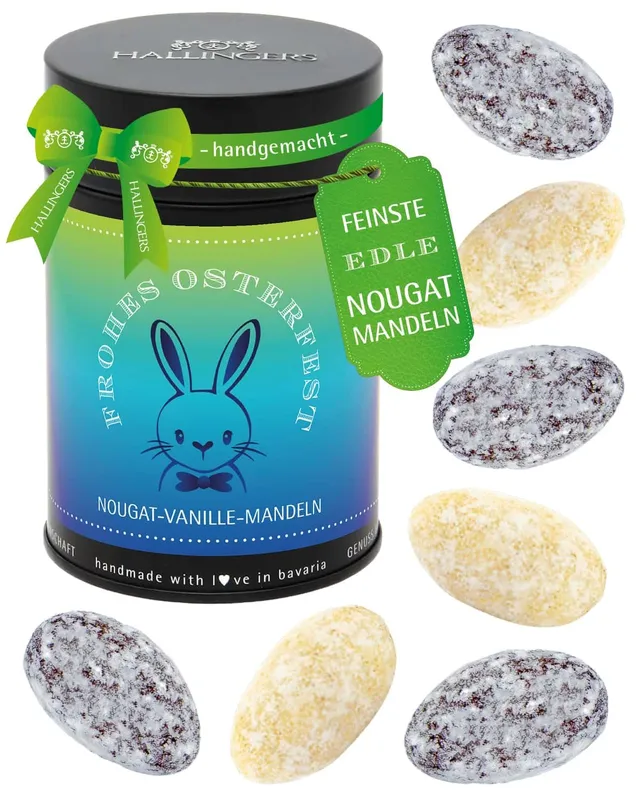 hallingers-nougat-mandeln-frohes-osterfest-150g-dose image 1