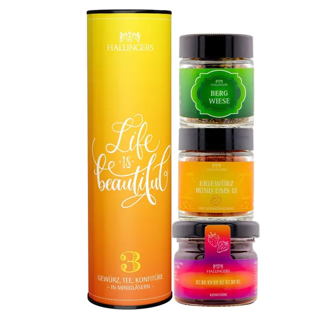 hallingers-geschenkesets-life-is-beautiful-feinkost-set-3-minigl-ser-vegan image 1